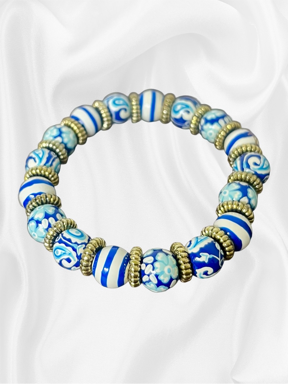 EUC Angela Moore Vintage Blue Coastal Hand-Painted Stretch Bracelet - Picture 9 of 12